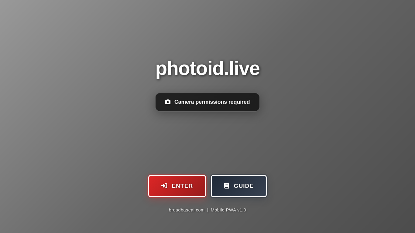 PhotoID.live mobile application interface showing camera permissions and verification process